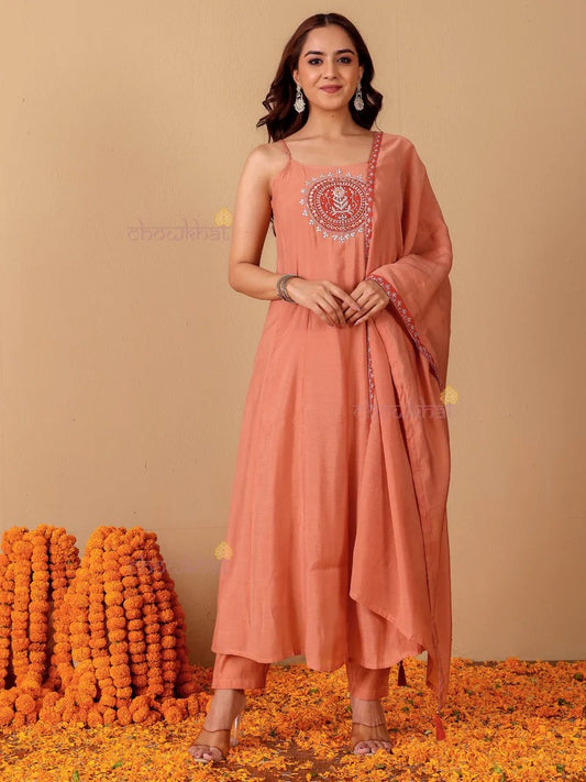 Reya Mul Chanderi 3 Piece Strappy Stitched Suit Set with Adda Work